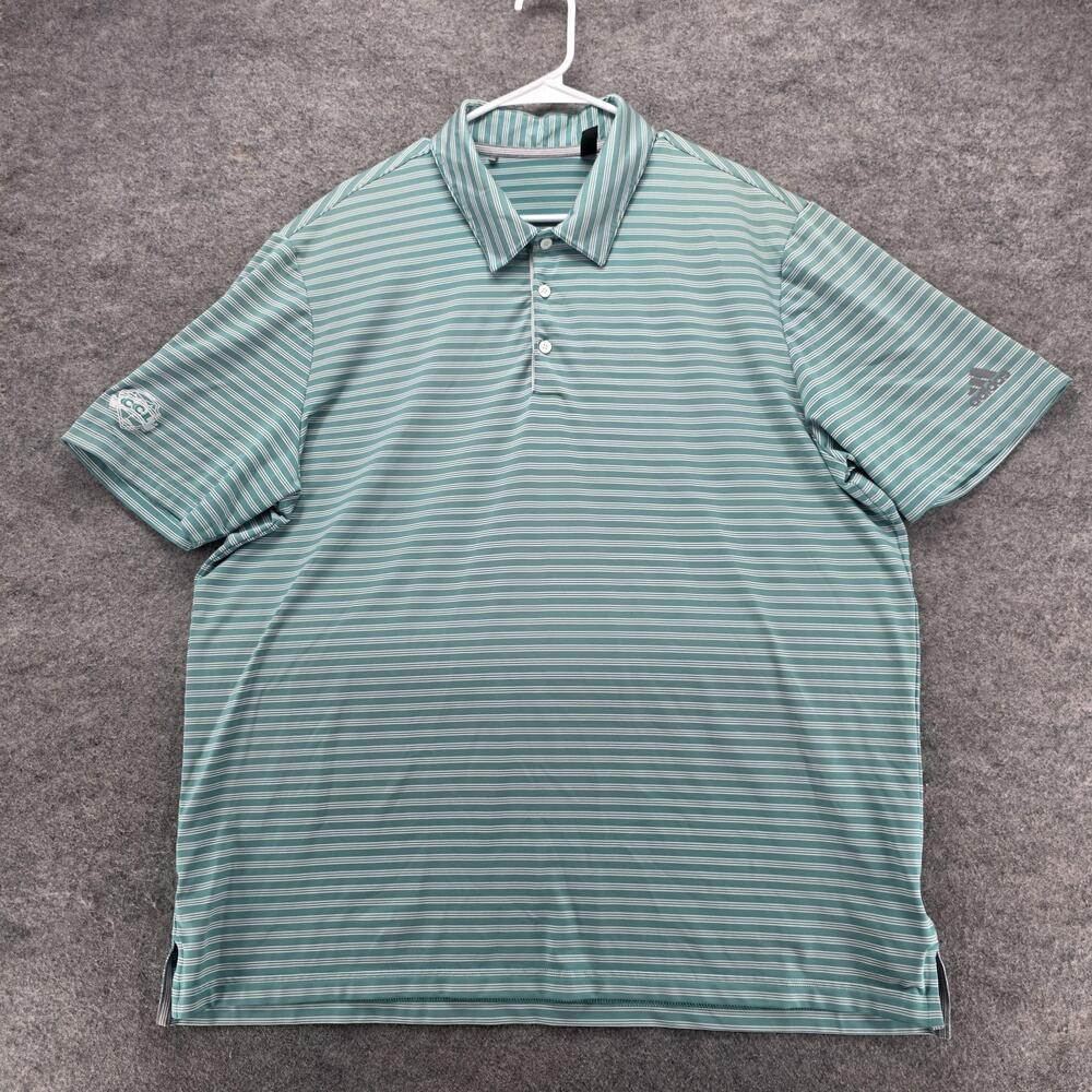 Adidas Polo Shirt Mens XL Green Striped Golf Moisture Wicking Polyester